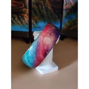 Vtg MAGDA K Signed Wood Hand Painted Bangle Bracelet Teal Pink Purple FREE $HIP!